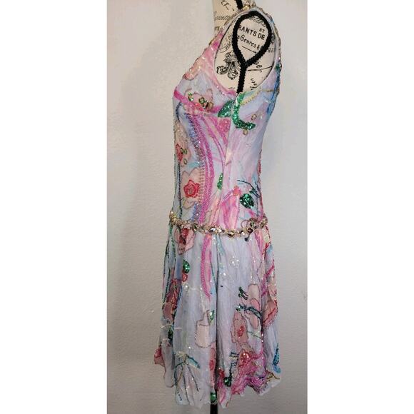 Alberto Makali Silk Beaded Sequin Mini Skater Dress US 4 Drop Waist Fairytale - Picture 6 of 12